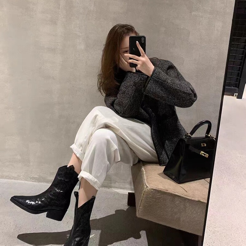 牛皮~葡萄妈同款尖头V口显瘦西部靴子粗跟褶皱感短靴女真皮马丁靴|undefined