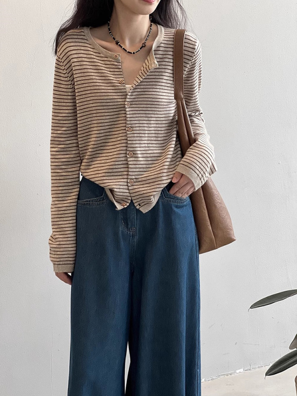 原版质量 温柔韩系条纹圆领针织开衫外套女春秋别致长袖外搭上衣|undefined