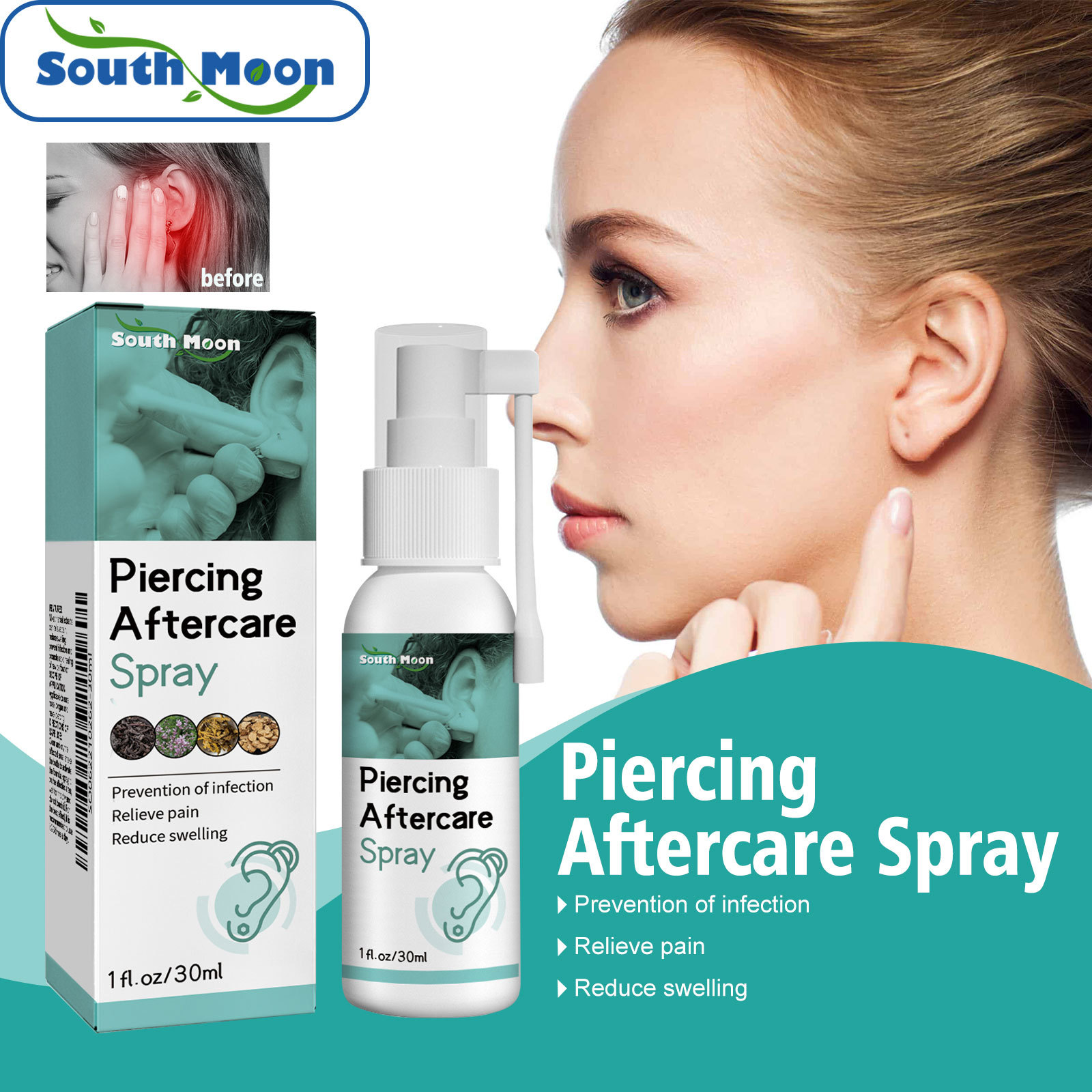 South Moon Ear Hole Care Spray Gentle Cleansing Ear Hole Descaling Moisturizing Moisturizing Portable Care