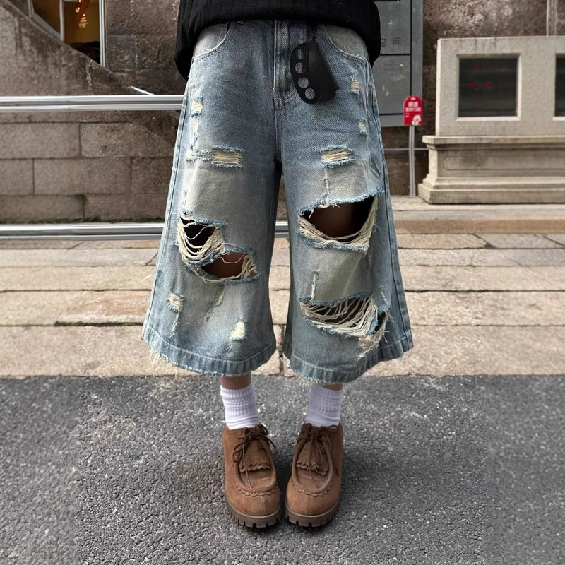 plus size Summer New Arrival Ripped Straight Cropped Jeans Women's American Style Retro Washed Old Loose Wide Leg Pants