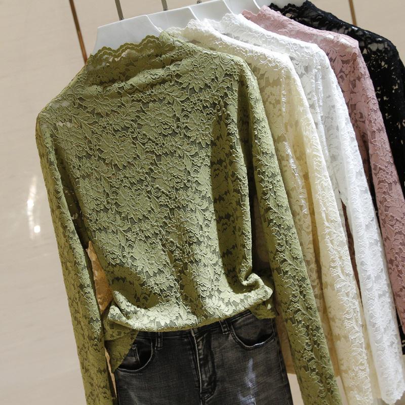 European lace semi-high collar lace base shirt with 2024 spring style outer wear pullover mesh top