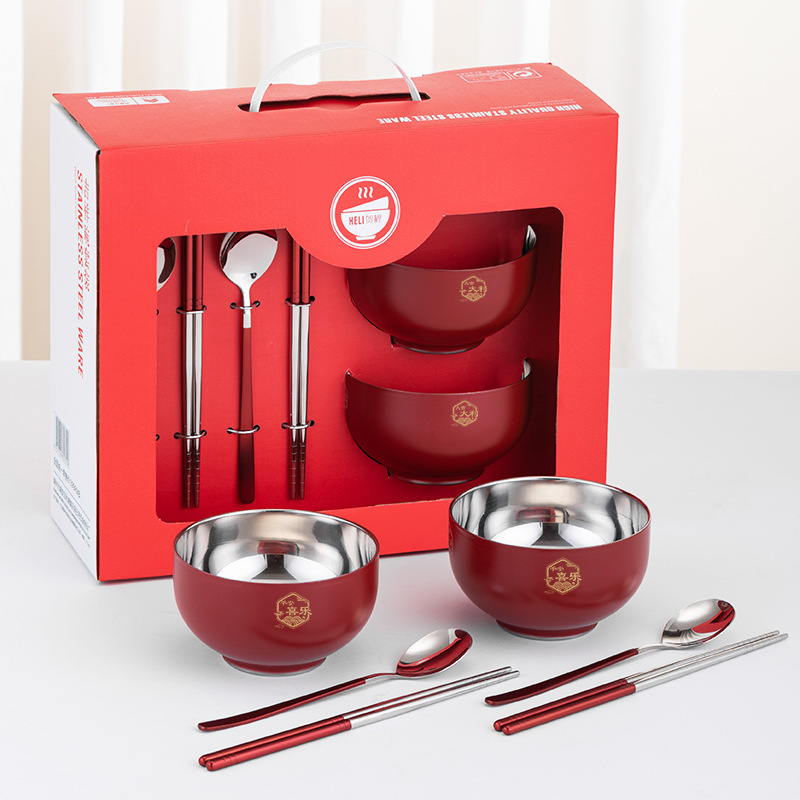 304 Stainless Steel Red Bowl Set, Auspicious Bowl Four-Piece Set, Six-Piece Set, Household Double-Layer Anti-Scalding and Heat-Insulating Colorful