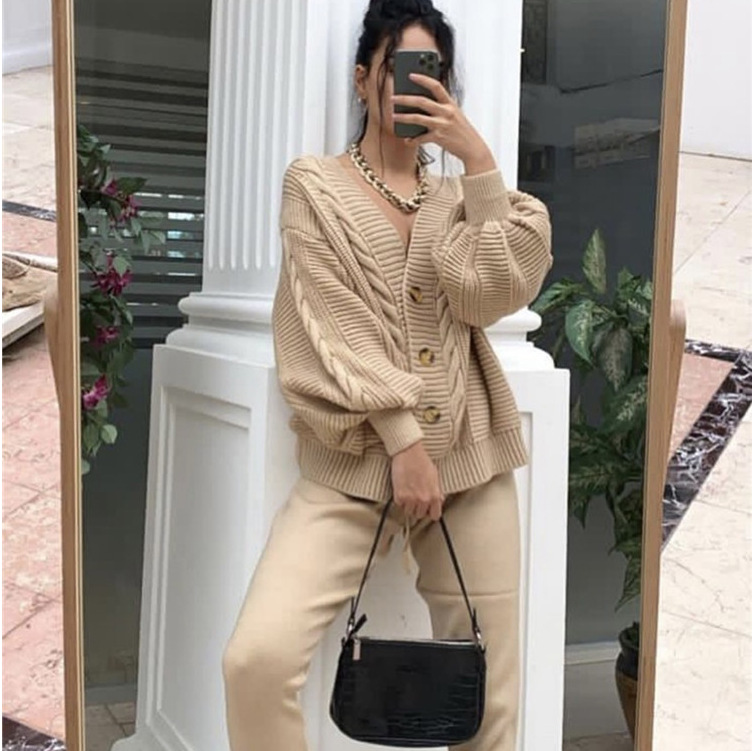 Cárdigan de Punto con Mangas Abullonadas para Mujer Mezcla de Lana Cuello en V para Otoño