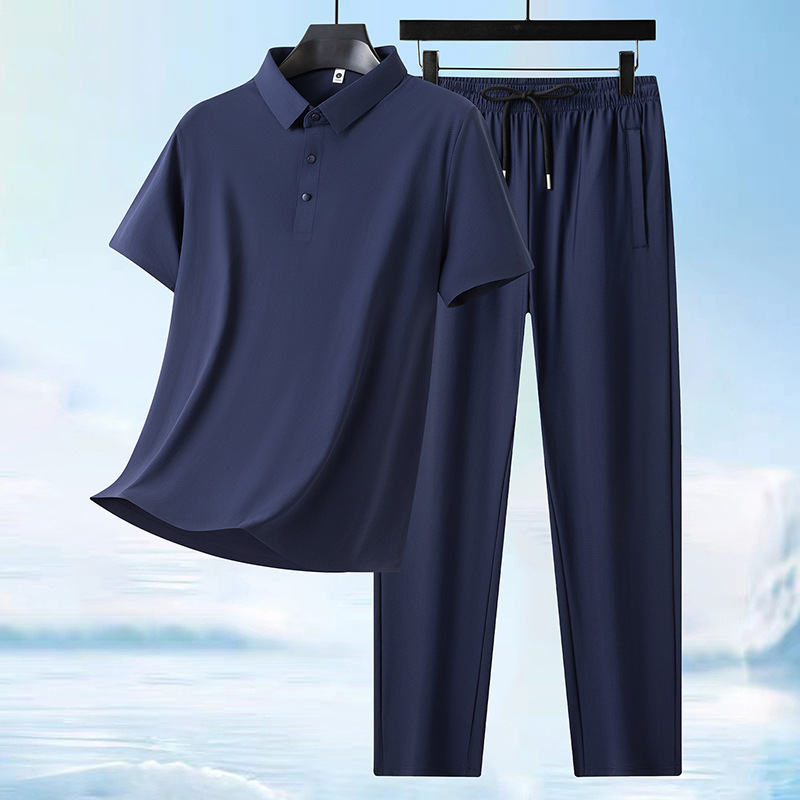 Cross-Border Hot-Selling Summer Seamless Men's Ice Silk Suit, Casual Men's Complete Set, Dad Outfit, Men's Clothing Wholesale