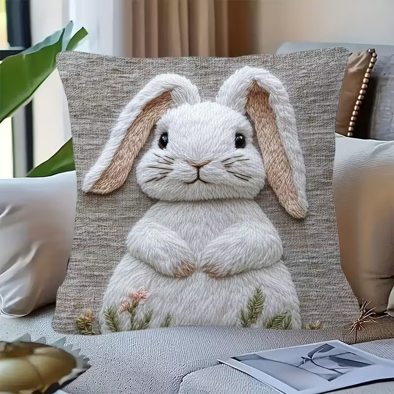 Popular Cross-Border White Rabbit Print Pillow Sofa Bedside Lumbar Pillow with Core Office Lunch Break Cushion Removable and Washable