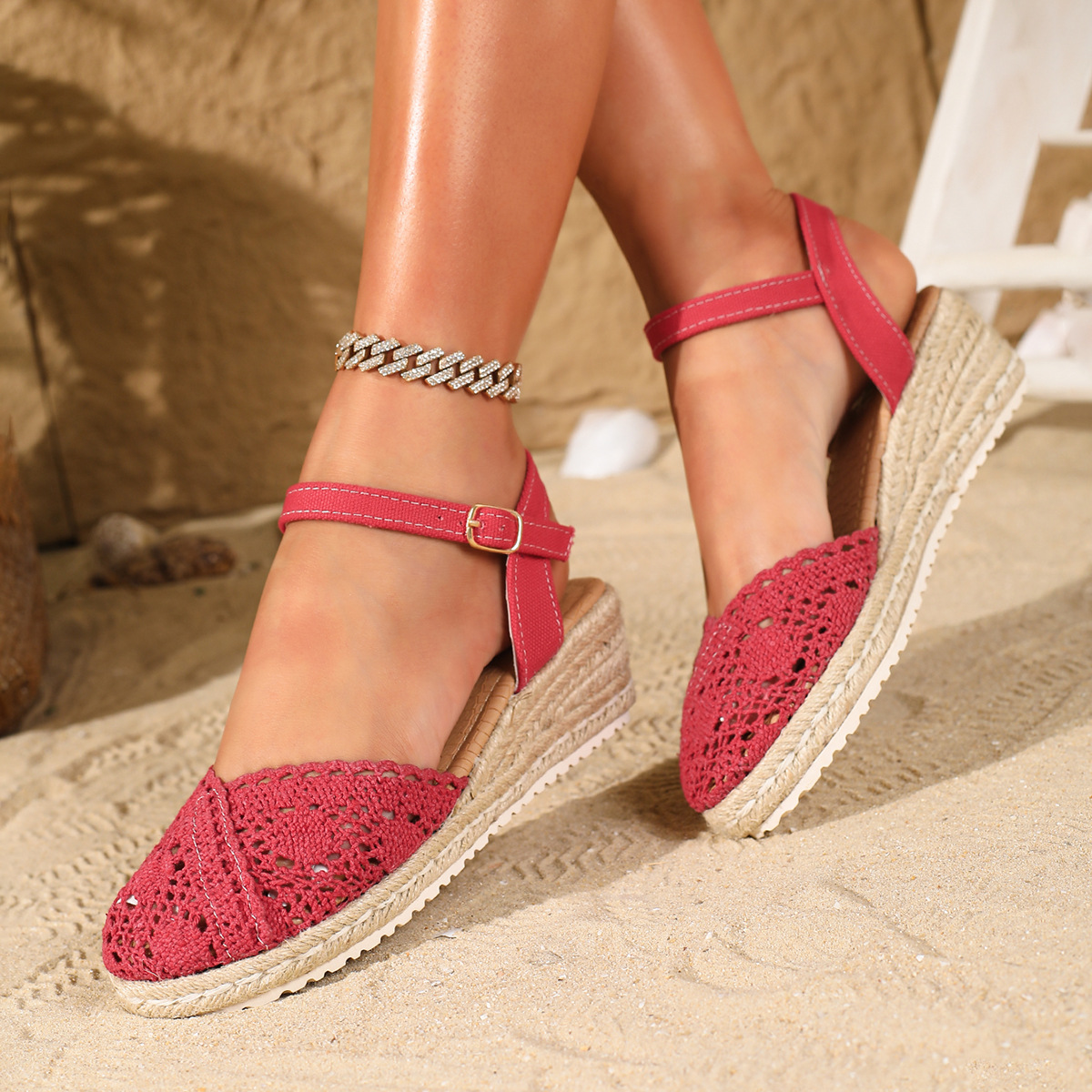 Sandalias de Cuña con Suela Tejida Transpirable con Hebilla Suela EVA