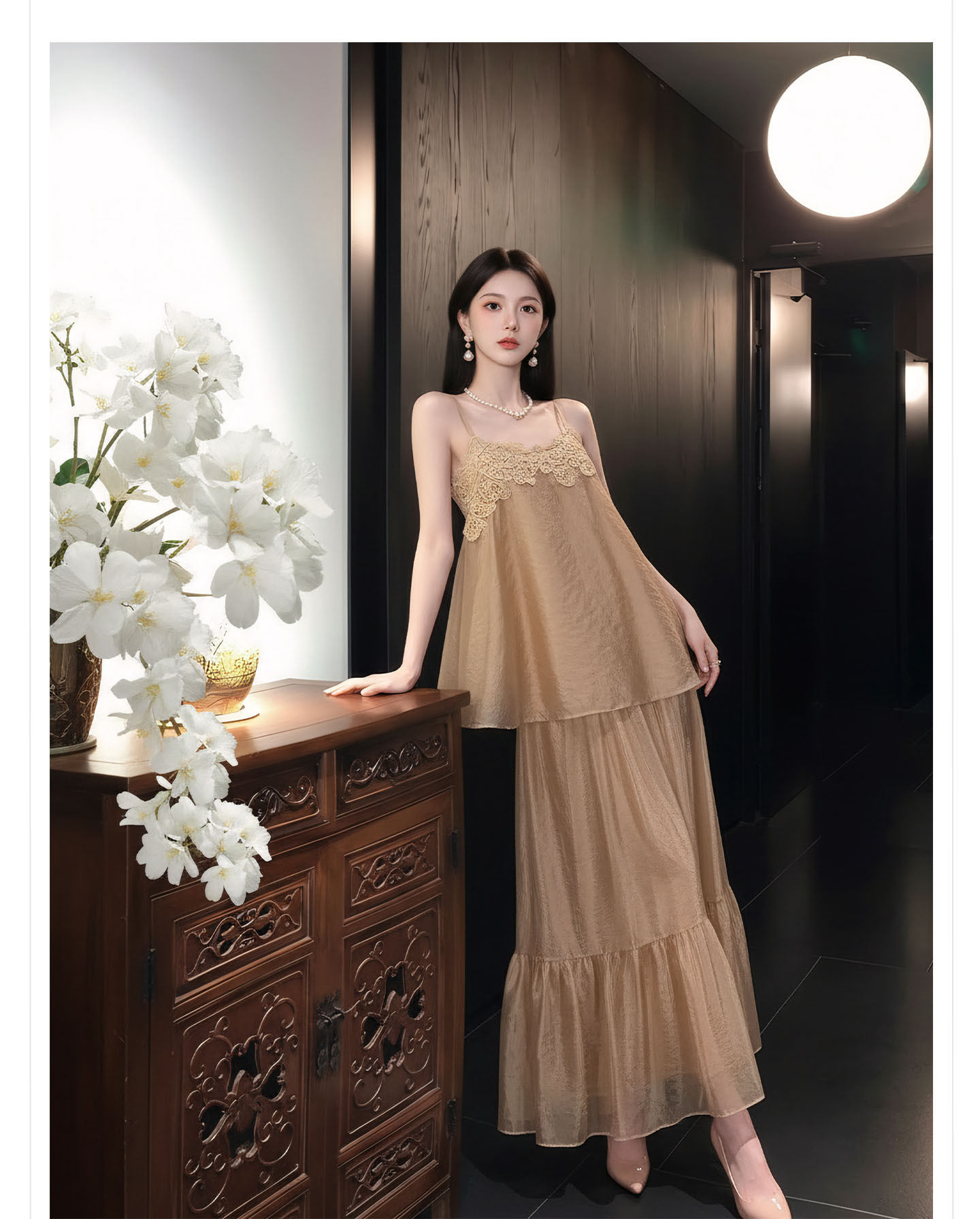 Bộ váy đầm maxi nữ thắt eo phong cách tân cổ điển Trung Hoa sang trọng — nửa váy, Trang chủ chi tiết 4