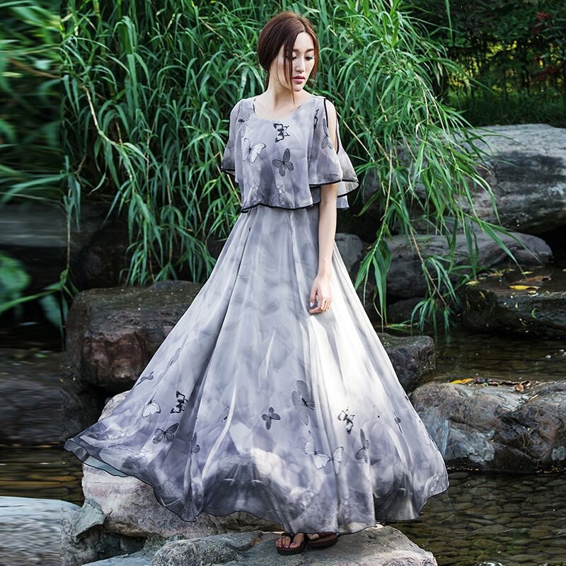 Short-Sleeved Chiffon Floral Long Dress with Large Hem, 2026 New Style, Waist-Cinching, Slimming, Elegant White Fairy Long Dress for Summer