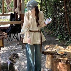 法式温柔边抽绳衬衫夏季女纯欲甜美风长袖防晒衬衣上衣小个子