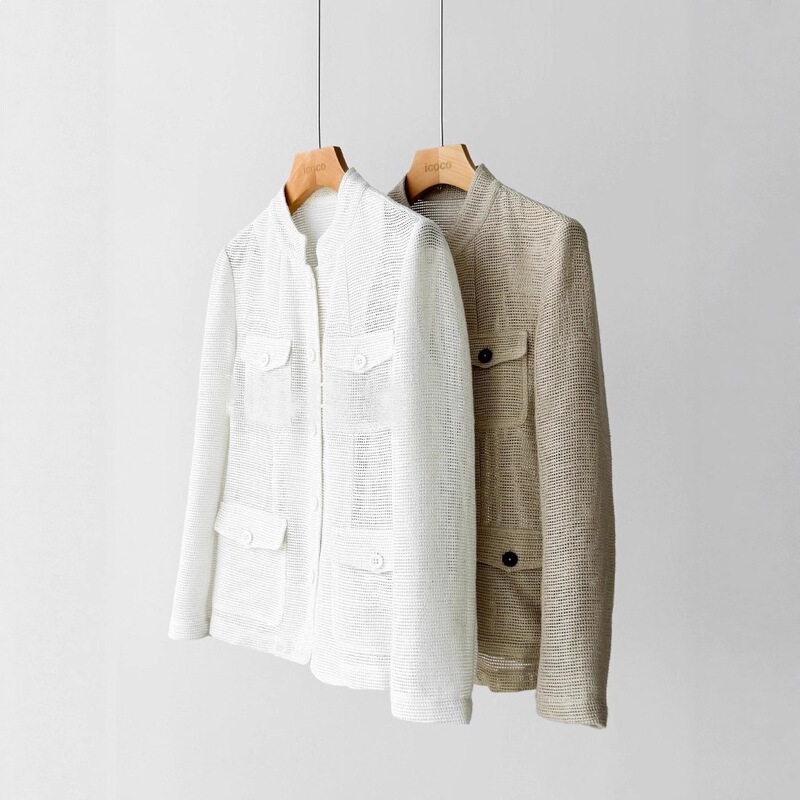 Linen + Cotton Material! Shiny Silk Stand-Up Collar Pocketed Knitted Waist-Cinching Blazer for Wholesale