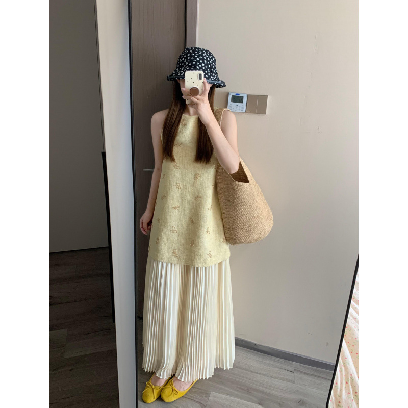 2025夏季新款重工蝴蝶结钉珠小香风假两件连衣裙女夏无袖裙