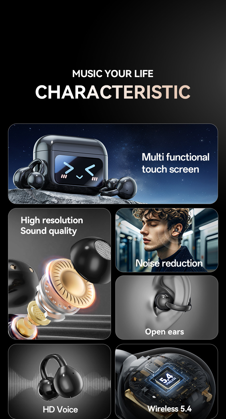 Ai Smart Wireless Bluetooth Ear Clip Headphones Colour Display_voghion.com