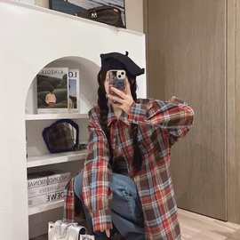 2024春秋季新款衬衫女韩版复古港味POLO领学生格子宽松外套衬衣女