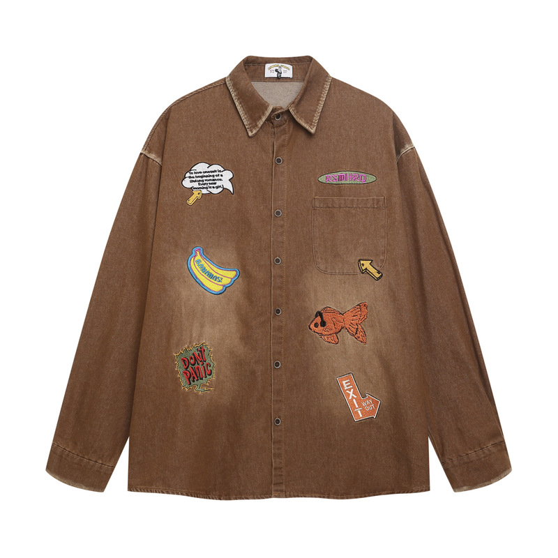 American Retro Fun Cartoon Embroidered Denim Long-Sleeved Shirts for Men and Women in Autumn Casual Loose Versatile Shirts and Jackets