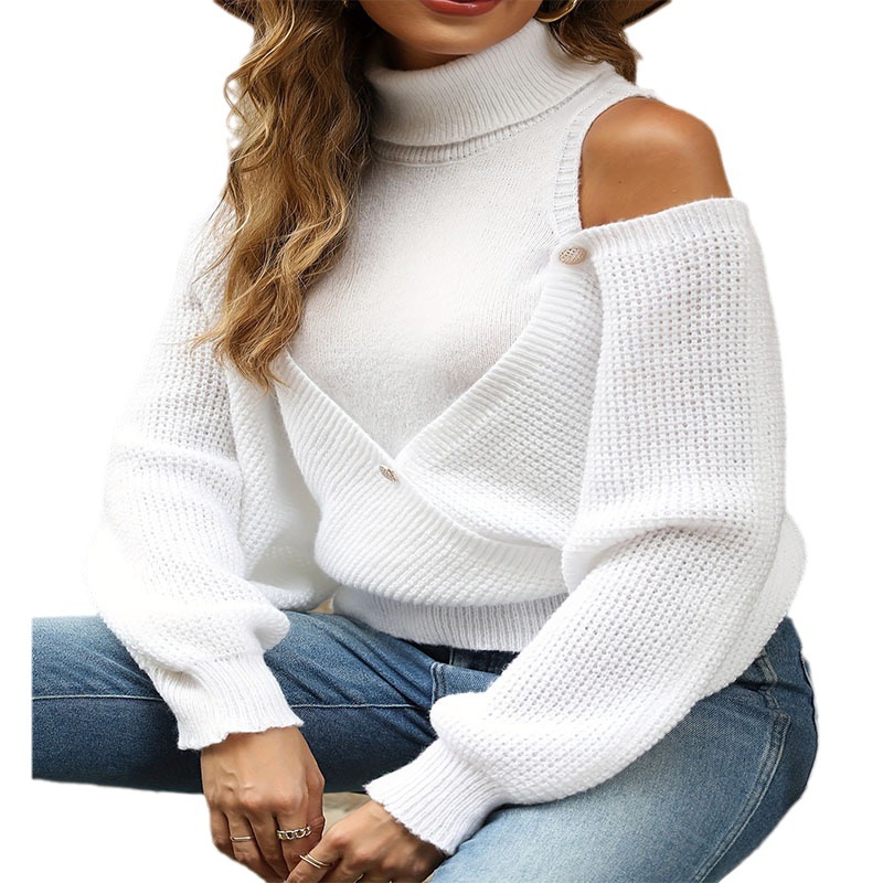 Women's Clothing 2024 new autumn and winter sweater women's clothing off shoulder long sleeved solid color pullover high necked sweater_voghion.com