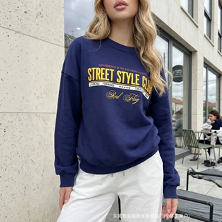 美式洋气百搭个性hiphop国潮牌趣味藏青色圆领外穿显瘦套头卫衣女