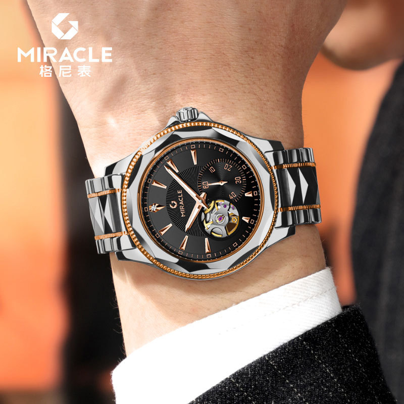 Đồng hồ nam automatic lộ máy dây thép không gỉ mặt số đen — Thắt lưng thép hoa hồng 9018 hình tròn màu đen