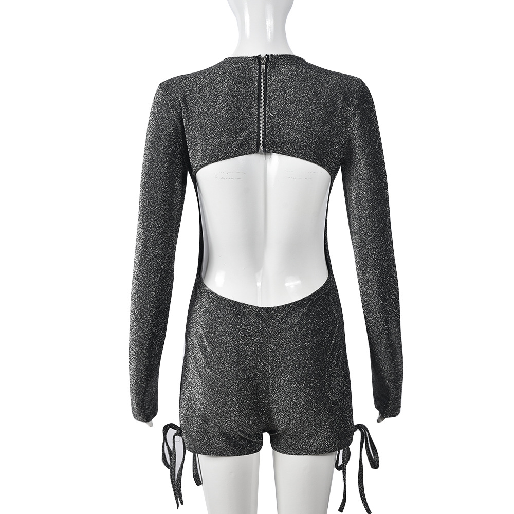 High Elastic Tight Sexy Cutout Zipper Silver Silk Jumpsuit Women
