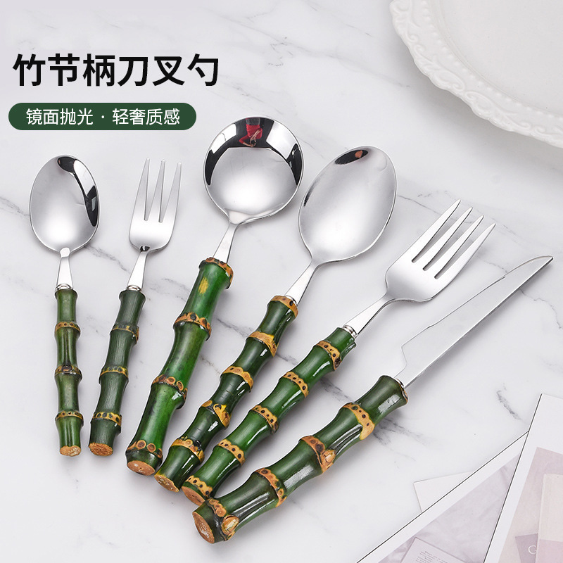 Natural Bamboo Handle Knife, Fork, and Spoon Stainless Steel Cutlery Set, Light Luxury Retro Household Steak Knife and Fork, Creative Dessert Spoon Natural Bamboo Handle Knife, Fork, and Spoon Stainless Steel Cutlery Set, Light Luxury Retro Household Steak Knife and Fork, Creative Dessert Spoon