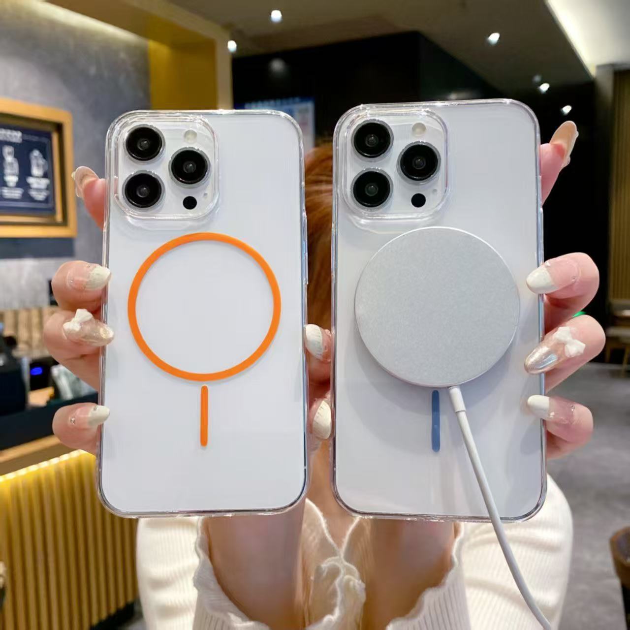 İnce şeffaf Apple manyetik kılıf 18Promax cep telefonu kılıfı iPhone17 plus sert 15pro darbeye dayanıklı kılıf için uygun