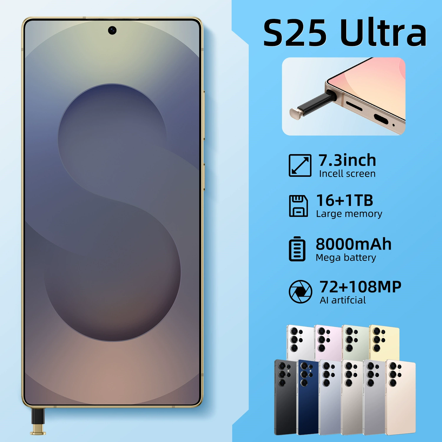 Смартфон S25 Ultra с встроенным стилусом, Android 15, 7,3 дюйма, 3 ГБ+64 ГБ, несколько цветов