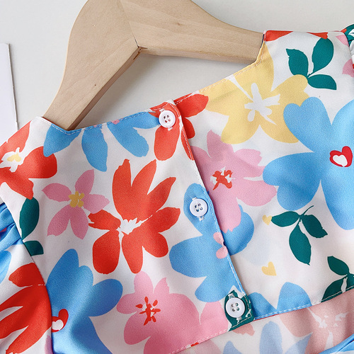 Korean children's clothing backless design floral girls dress summer puff sleeve baby girl short-sleeved skirt vacation dress