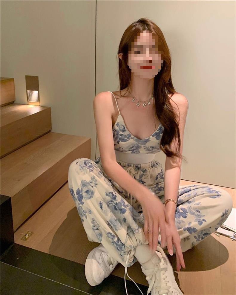 Strap Neckline Contrast Binding Function Casual Daily Women's Sweet Spicy Style Graffiti Polyester Leisure Suit Pants Sets