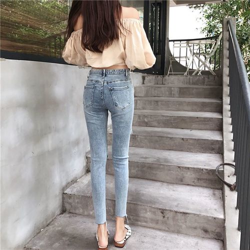 Ripped Denim Jeans for Women, Korean Style: Slimming, Body-Sculpting Cropped Pants—Tight, Stretchy, with Frayed Hems and Skinny Fit