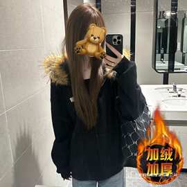 毛绒绒好爱!【字母印花】秋冬美式甜辣休闲连帽卫衣女开衫外套