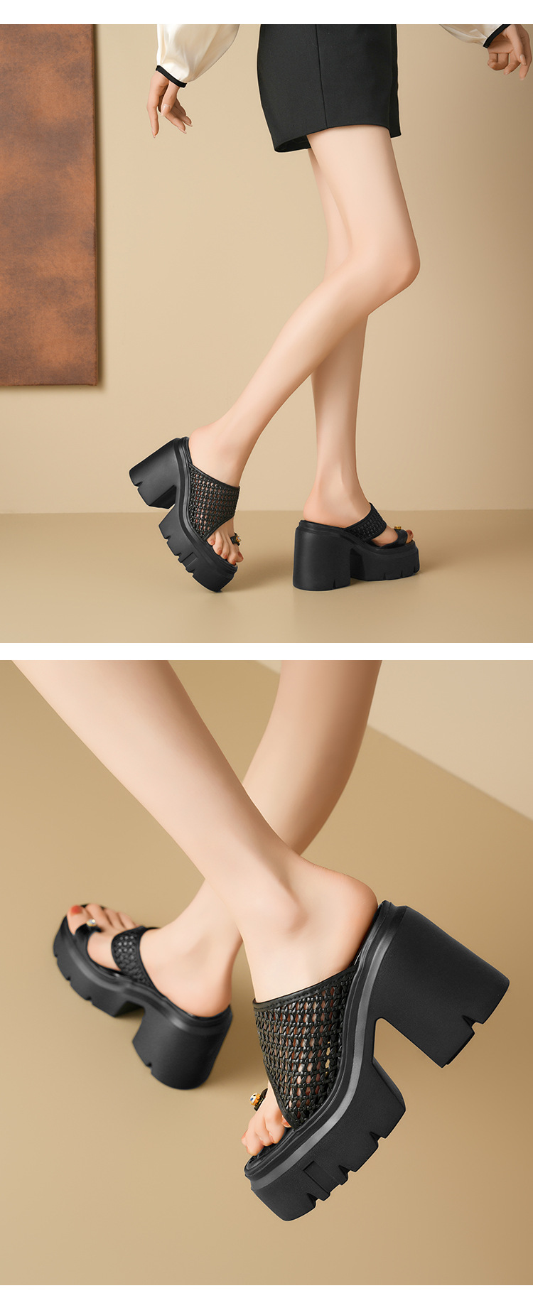 Dép sandal cao gót nữ quai ngang đan gót thô 12 cm đế tăng chiều cao — Màu đen, Màu vàng nhạt, Màu trắng, Màu bạc chi tiết 11