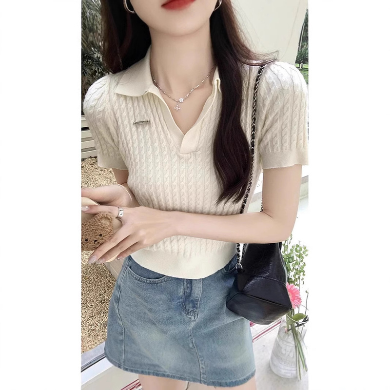 White Polo Short-Sleeve T-Shirt for Women, New Spring/Summer Style, Turn-Down Collar, Knitted, Slim-Fit, Short Outerwear Top