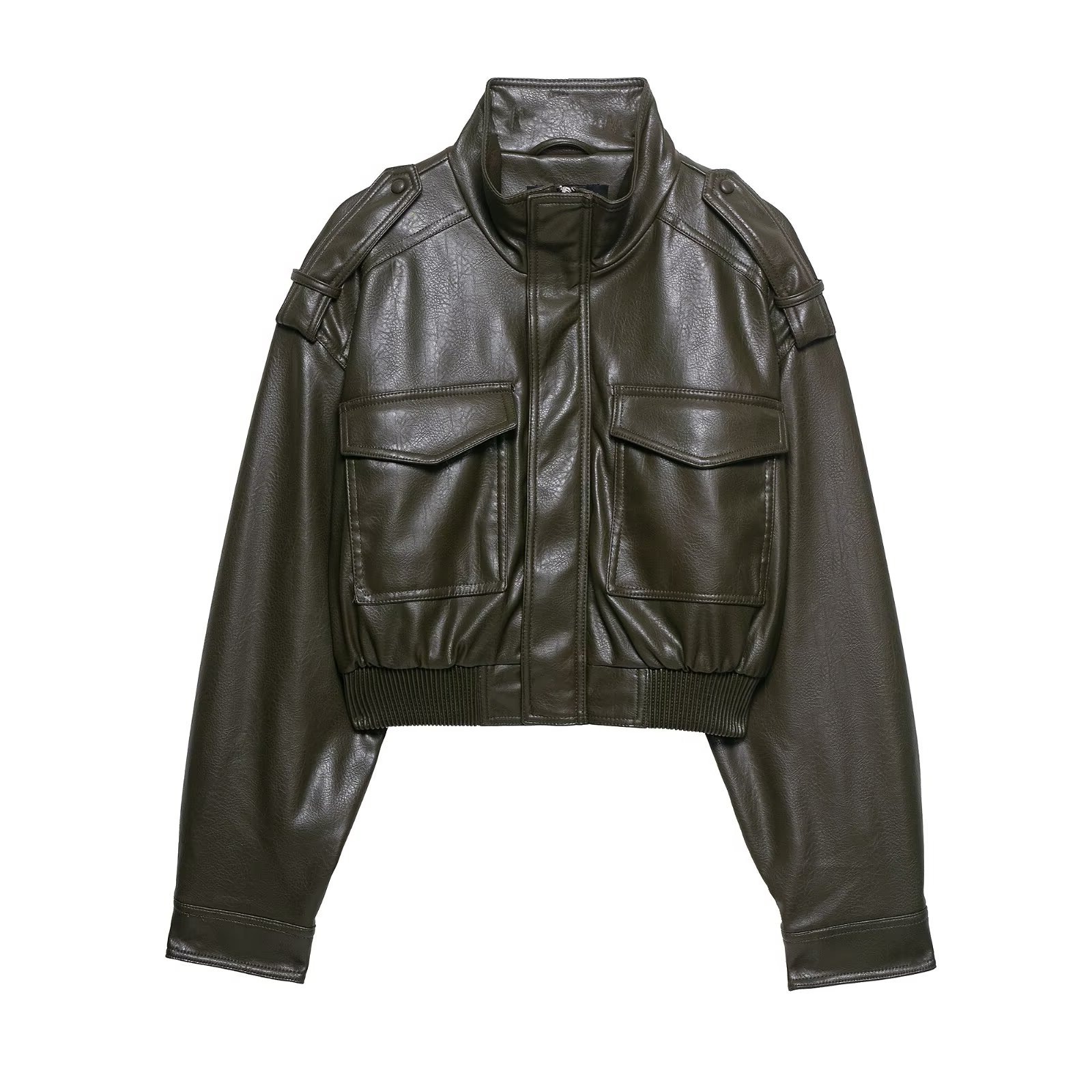 Taop&Za Autumn New Women's European and American Fashion Elegant Long-Sleeved Stand-Up Collar Imitation Leather Jacket Leather Jacket 4749701