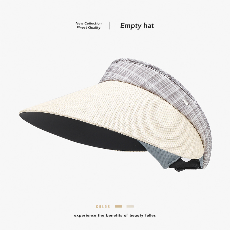 Summer Plaid-edged Straw Visor Fashionable Versatile, Large Brim Hat, Fresh And UV-protective Sun Hat_voghion.com
