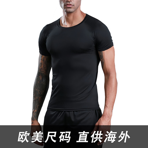 Cross-border European and American size short-sleeved fitness clothing quick-drying tight-fitting sports T-shirt running men's PRO elastic training suit breathable 