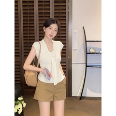 韓国リボンスリム半袖ニットTシャツレディース夏ウエスト気質ロイヤルシスター軽熟スタイルVネックトップ