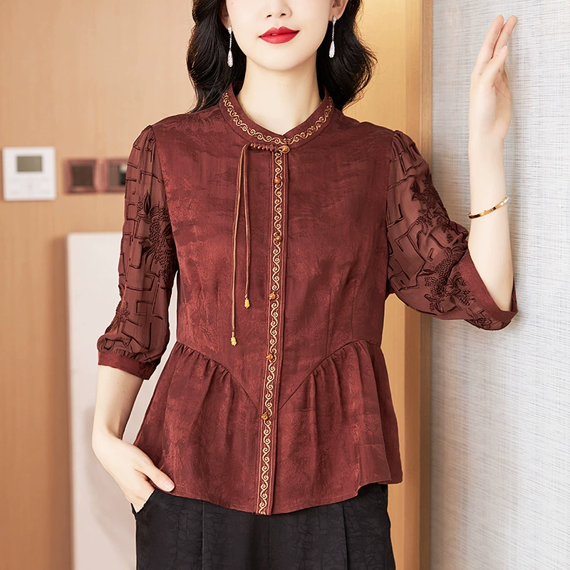 Elite summer retro silk shirt, with embroidery