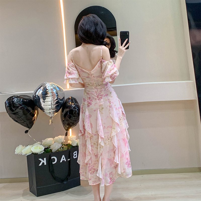 Summer Sweet Floral Dress For Women-French Tea Time Style With Shoulderless Strapped And Irregular Fairy Long Skirt_ecoleips.com