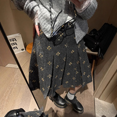 2025秋冬新款重工四叶草珠片钉珠毛呢百褶高腰中裙女时尚半身裙