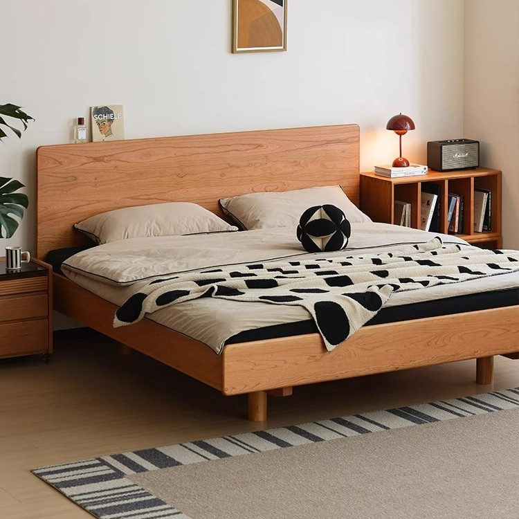 Nordic Solid Wood Bed 1.5 Log Japanese Style Simple Cherry Wood Suspension Bed Master Bedroom 1.8 m High Backrest Double Bed