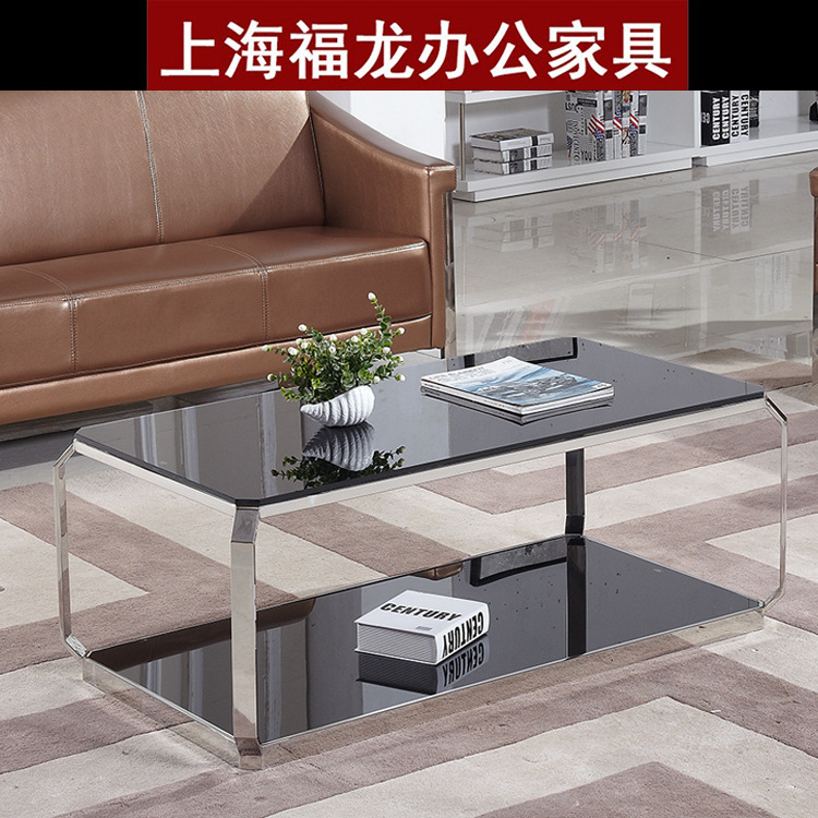 to work in an office tea table Glass Tempered double-deck black a living room rectangle tea table modern Simplicity to work in an office negotiating table Small table