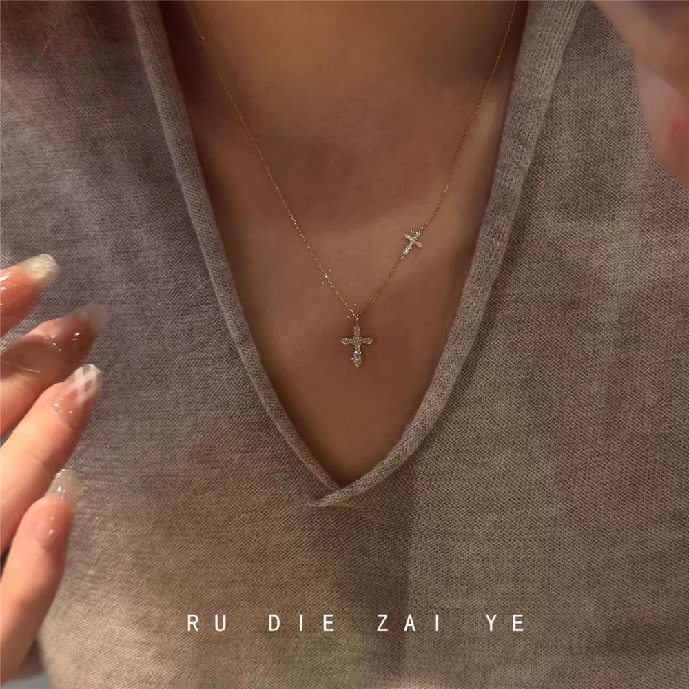 Kunin Full Diamond Double Cross Necklace - Luxurious, Sophisticated, Exquisite, Simple, Versatile, Ultra-Shiny Collarbone Chain