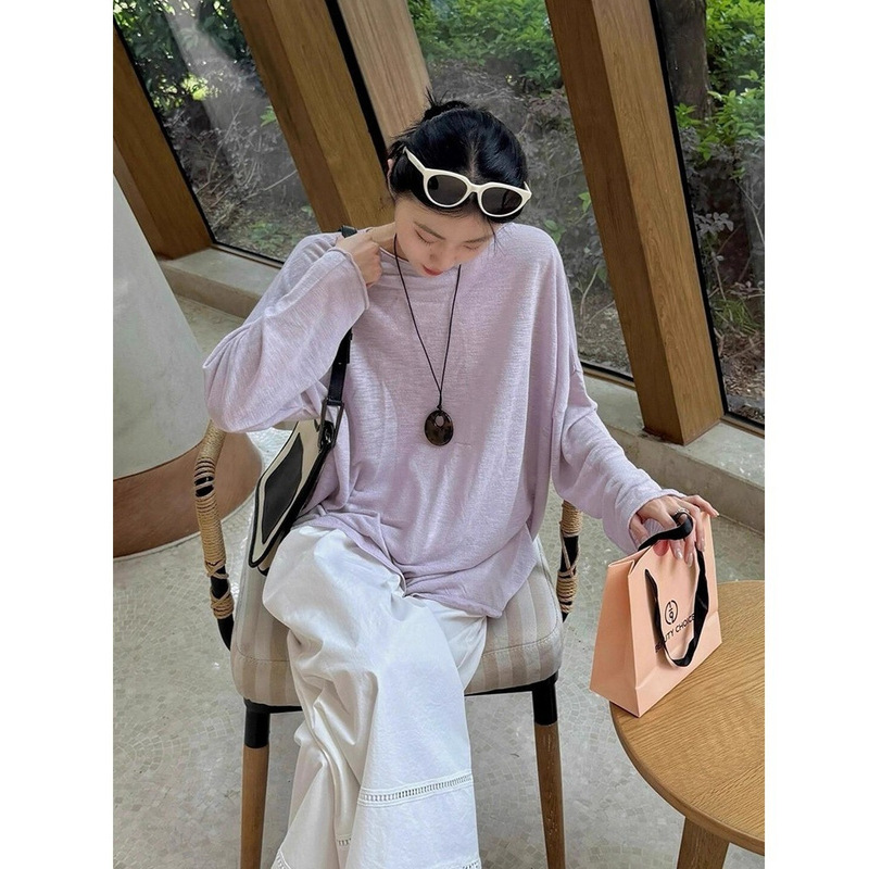 Purple Long-Sleeved Sun Protection T-Shirt Cover-Up for Women, Summer Camisole Outerwear, Loose Linen Top, Sheer Air-Conditioning Shirt