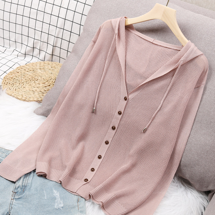 Korean and Japanese New Style Spring and Summer Knit Cardigan Hooded Top Ice Silk Sweater Thin Hollow-Out Sun Protection Jacket for Women