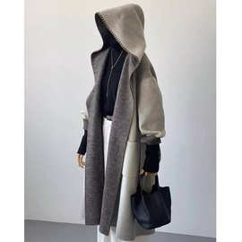 欧货轻奢设计师款双面羊绒连帽大衣女2025秋冬季灰色渐变长款外套