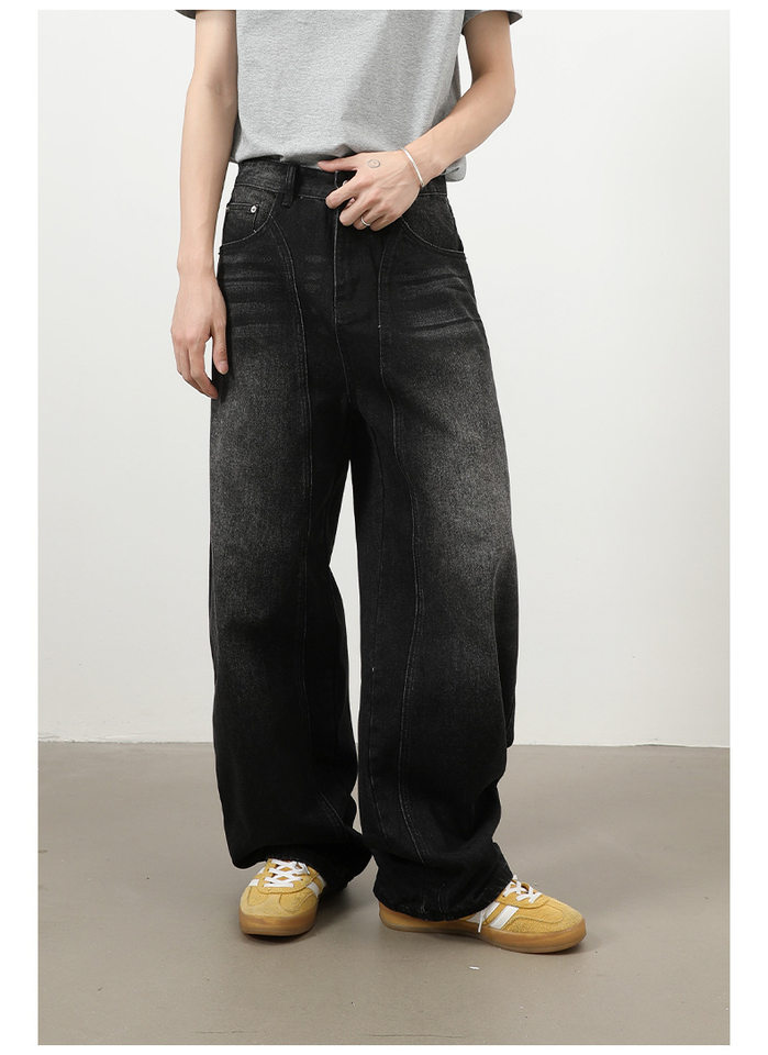 Quần jeans nam dáng thẳng rộng phối màu phong cách retro — màu xanh, màu xám đen chi tiết 17