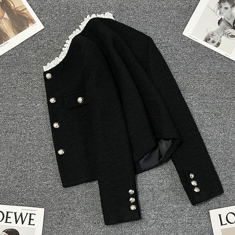 Black Lace Stand-Up Collar Small Fragrance Suit Jacket for Women Spring and Autumn New Style Rich Daughter Temperament Top Trend