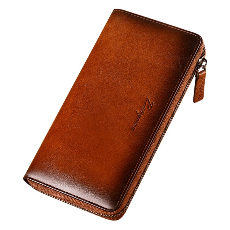 Cross-border wallet men's long wallet genuine leather multi-card card holder anti-theft brush driving license cowhide zipper wallet wholesale