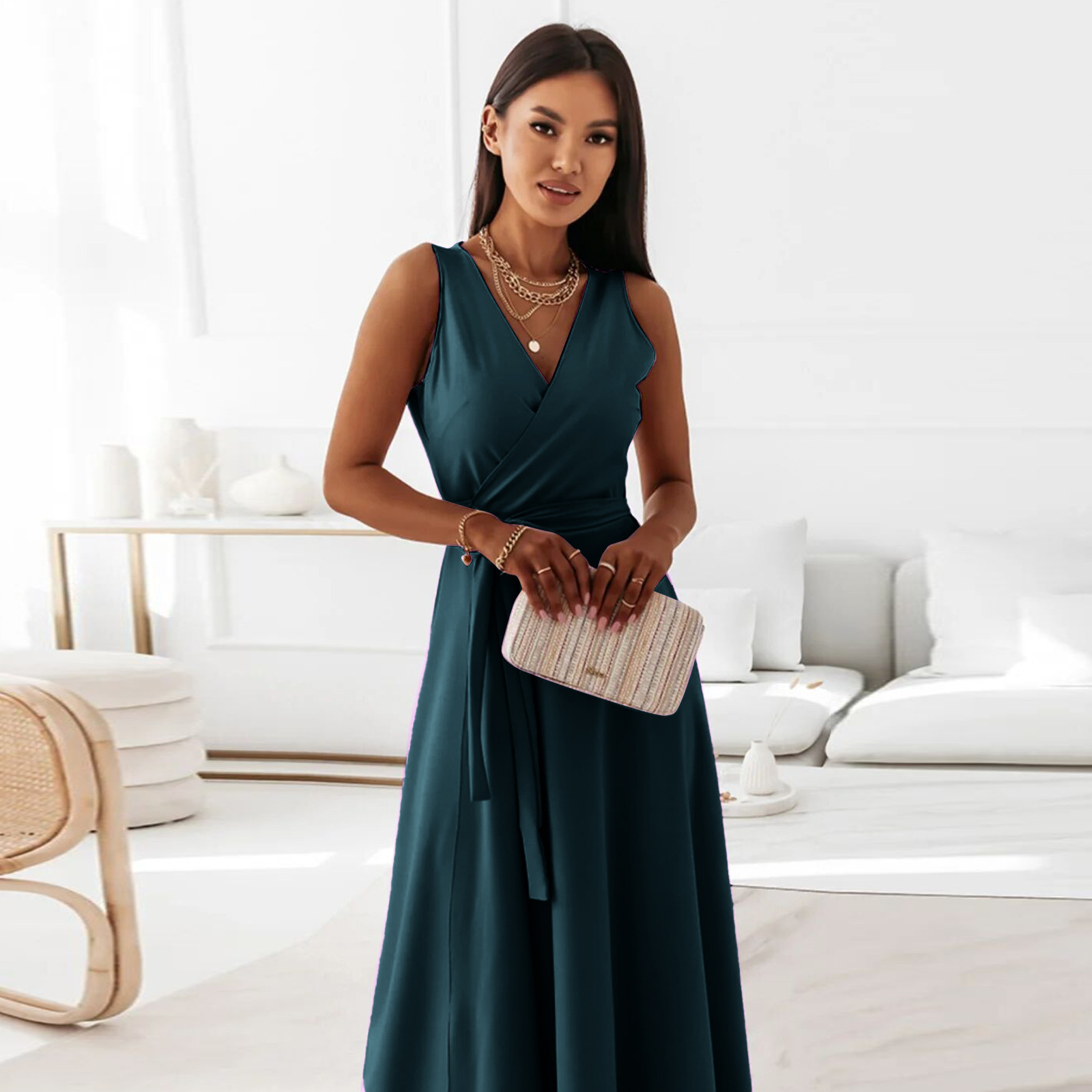 2025 Independent Station European And American Cro-Border Spring Summer New Women's Solid Color V-Neck Long_ecoleips.com