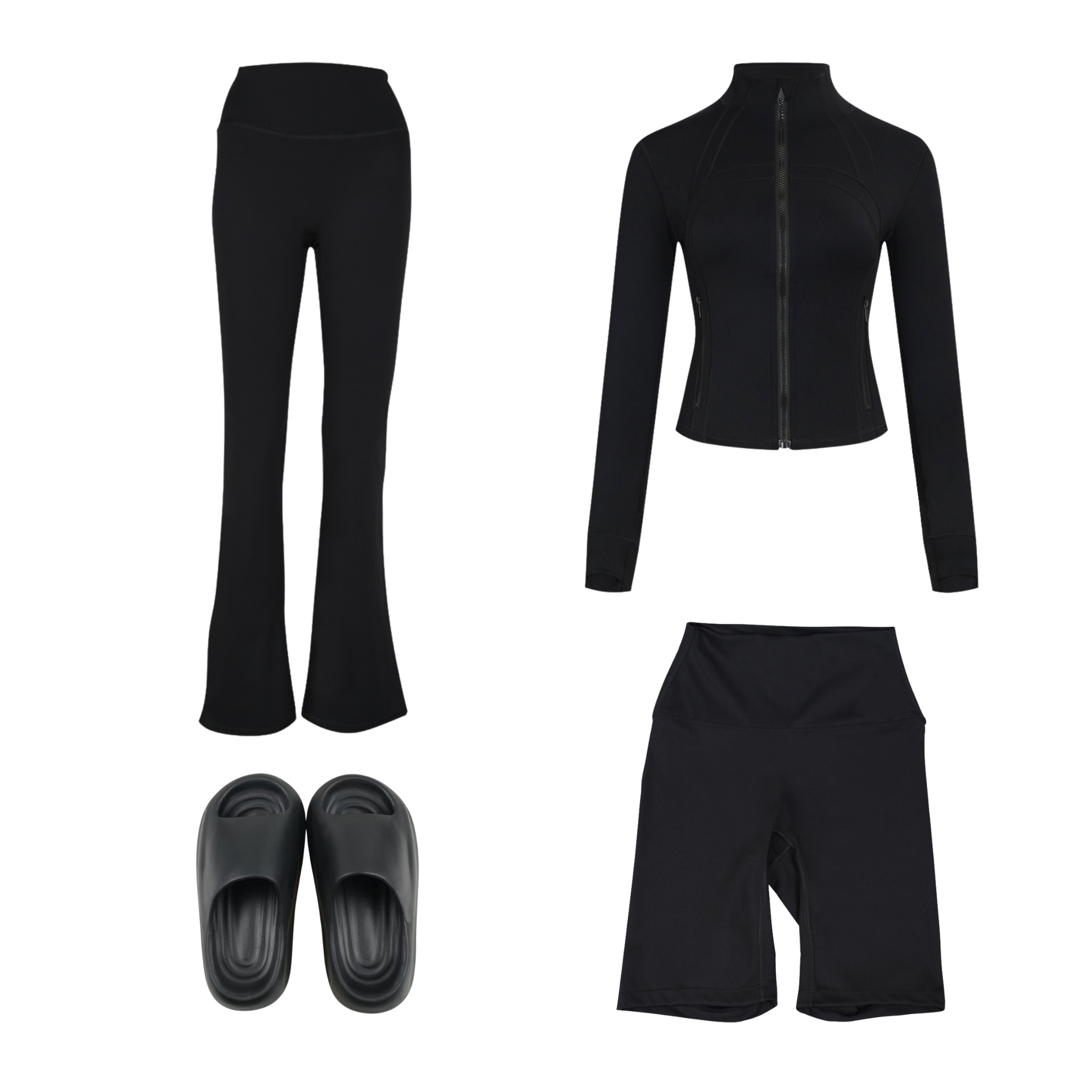 Women's 4-Piece Activewear Set – Cropped Jacket, Flared Pants, Bermuda Shorts & Slides (S-3xl, 26 Colors)_voghion.com