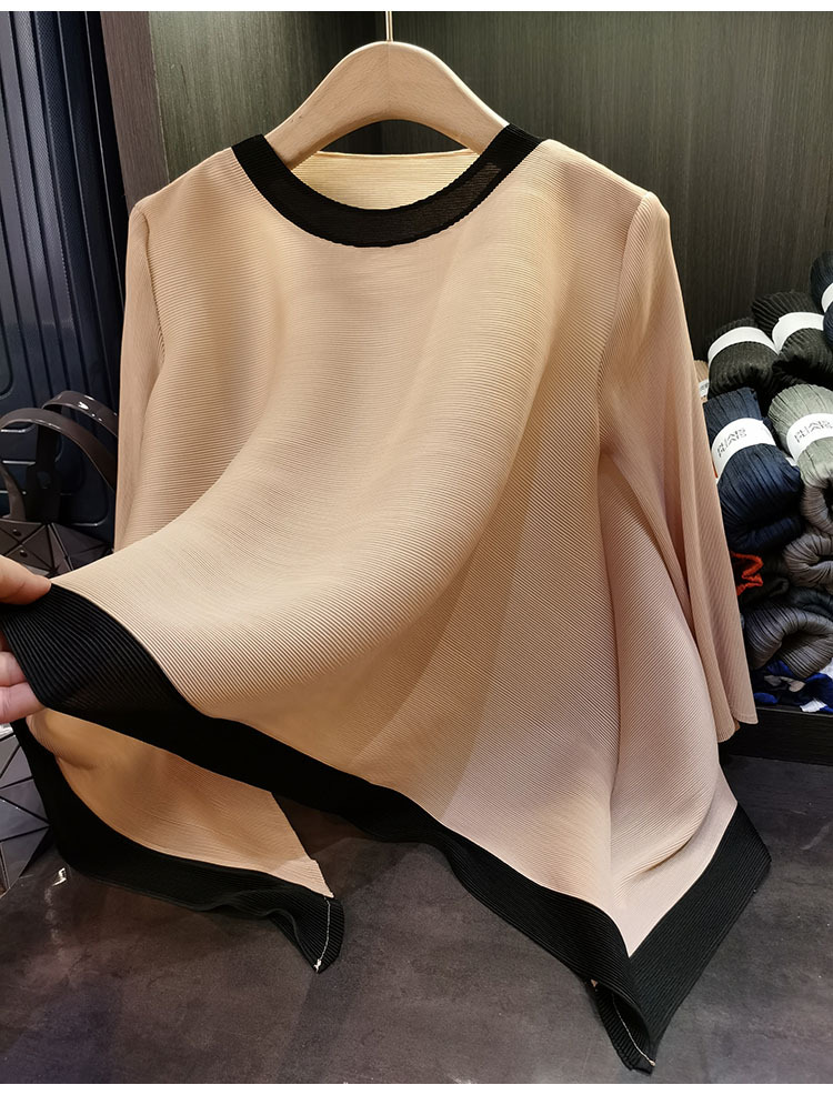 Áo thun nữ cổ tròn tay lỡ phối màu tương phản, dáng rộng xếp ly bất đối xứng — Màu xanh, Màu tím hồng, Màu đỏ hoa hồng, Màu hồng chi tiết 26